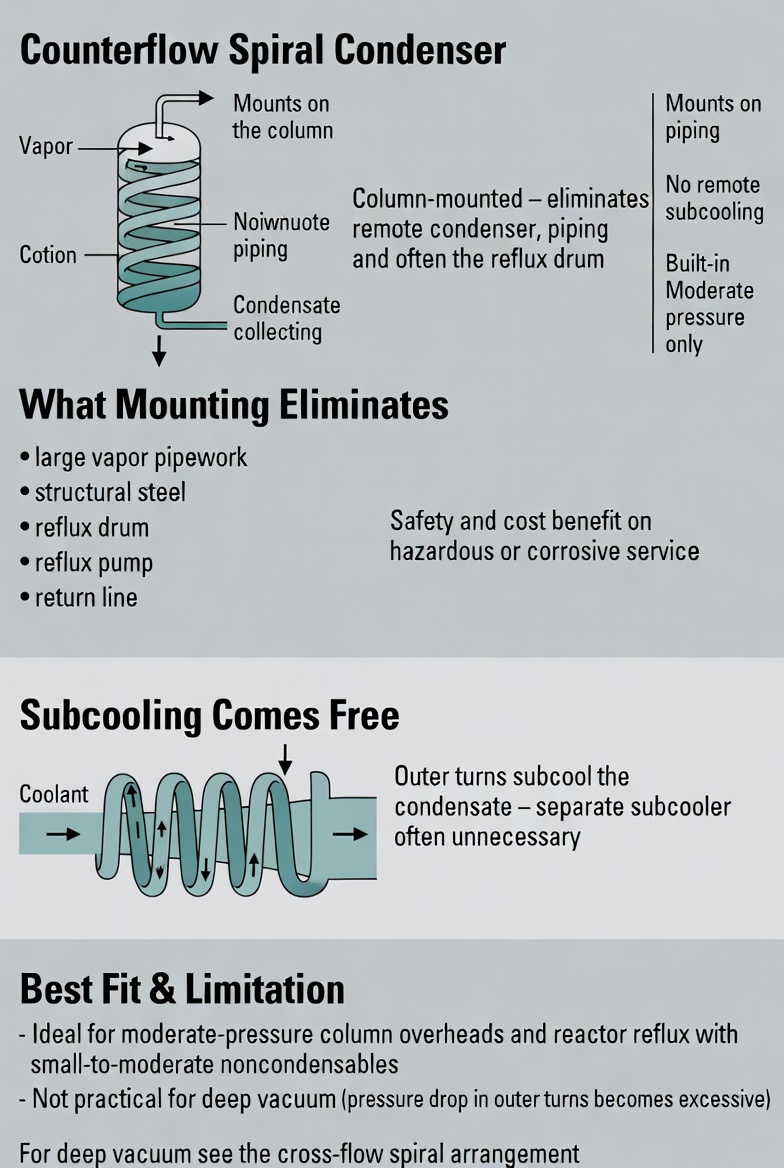 Counterflow spiral condenser mounted directly on top of a distillation column