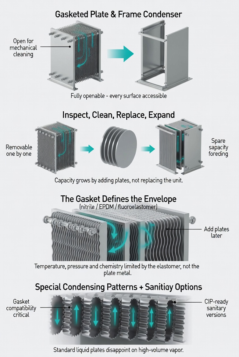 Gasketed plate and frame heat exchanger with the plate pack opened for inspection