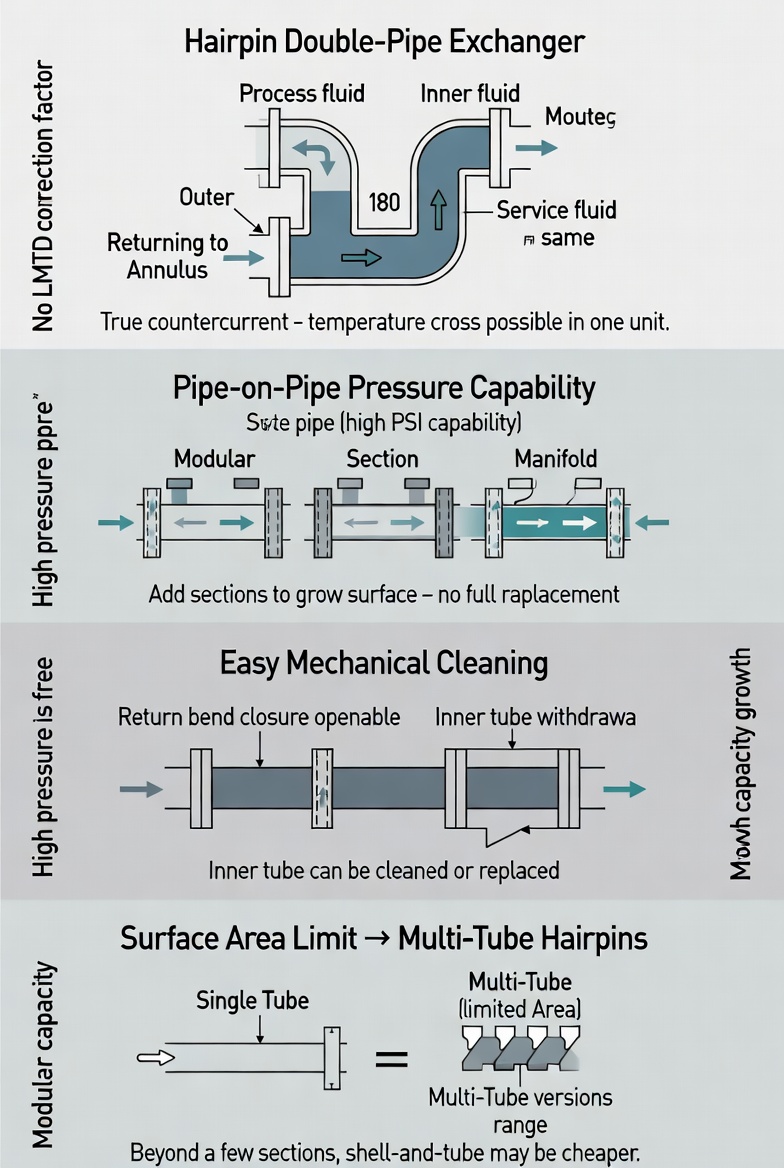 Hairpin double pipe heat exchanger sections manifolded together on a skid