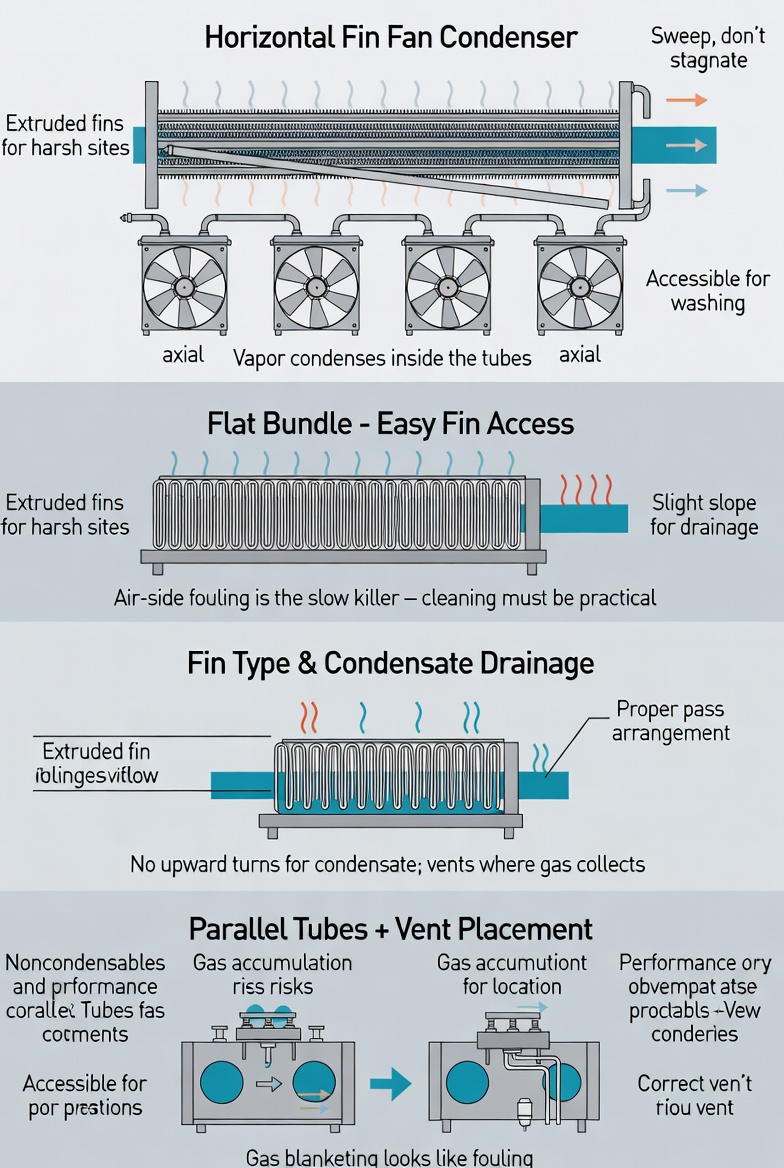 Horizontal fin fan air cooled condenser bundle with induced draft fans