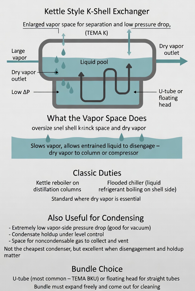 Kettle style K shell exchanger with enlarged vapor space and U-tube bundle