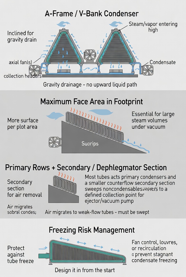 A-frame air cooled condenser cells with forced draft fans beneath the bundles