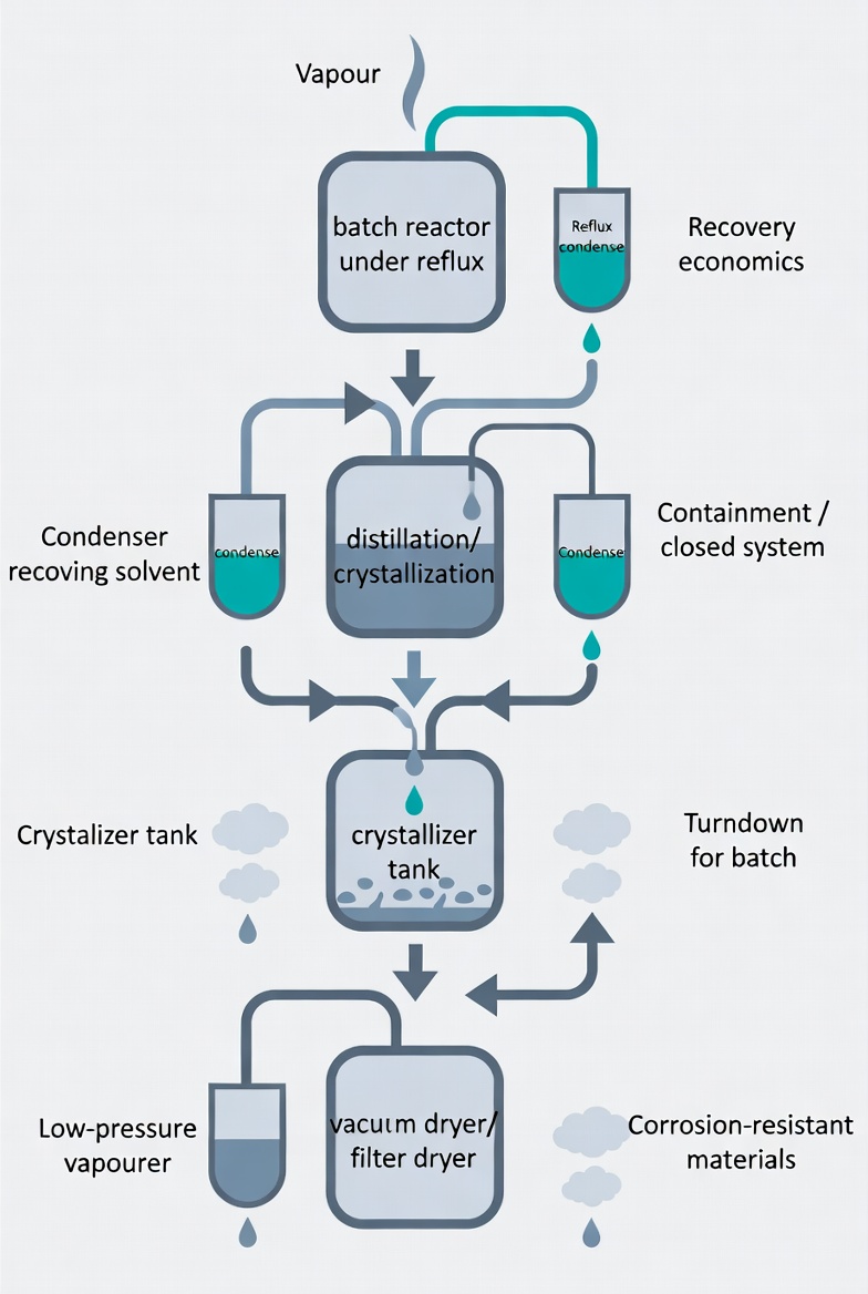 Solvent recovery condenser serving a glass-lined API batch reactor train