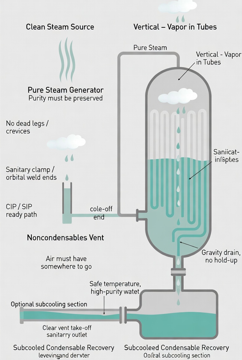 Vertical 316L clean steam condenser with sanitary clamp connections installed on a skid