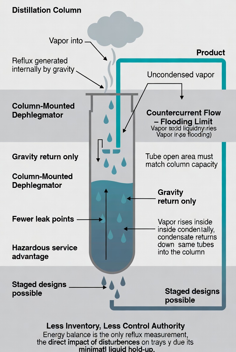 Dephlegmator mounted directly on top of a distillation column for internal reflux