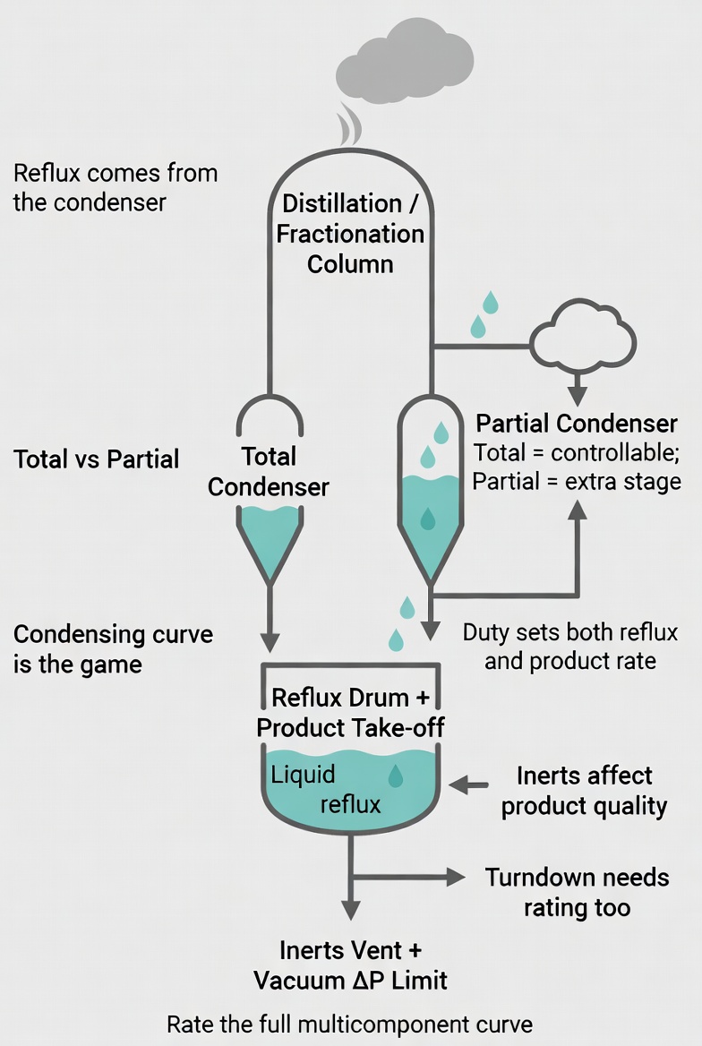 Overhead condenser and reflux drum serving a packed distillation column