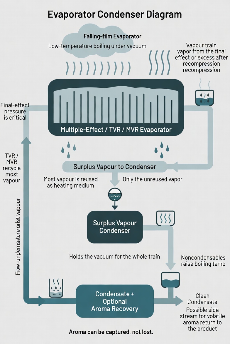 Surplus vapor condenser on a multiple effect falling film evaporator plant