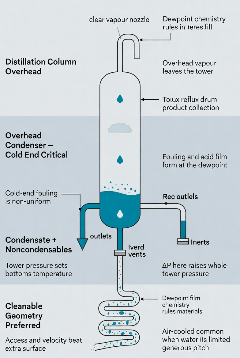 Overhead condenser bank serving a fractionation tower in a process plant