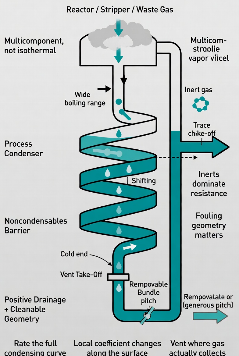 Horizontal shell and tube process condenser installed in an industrial plant