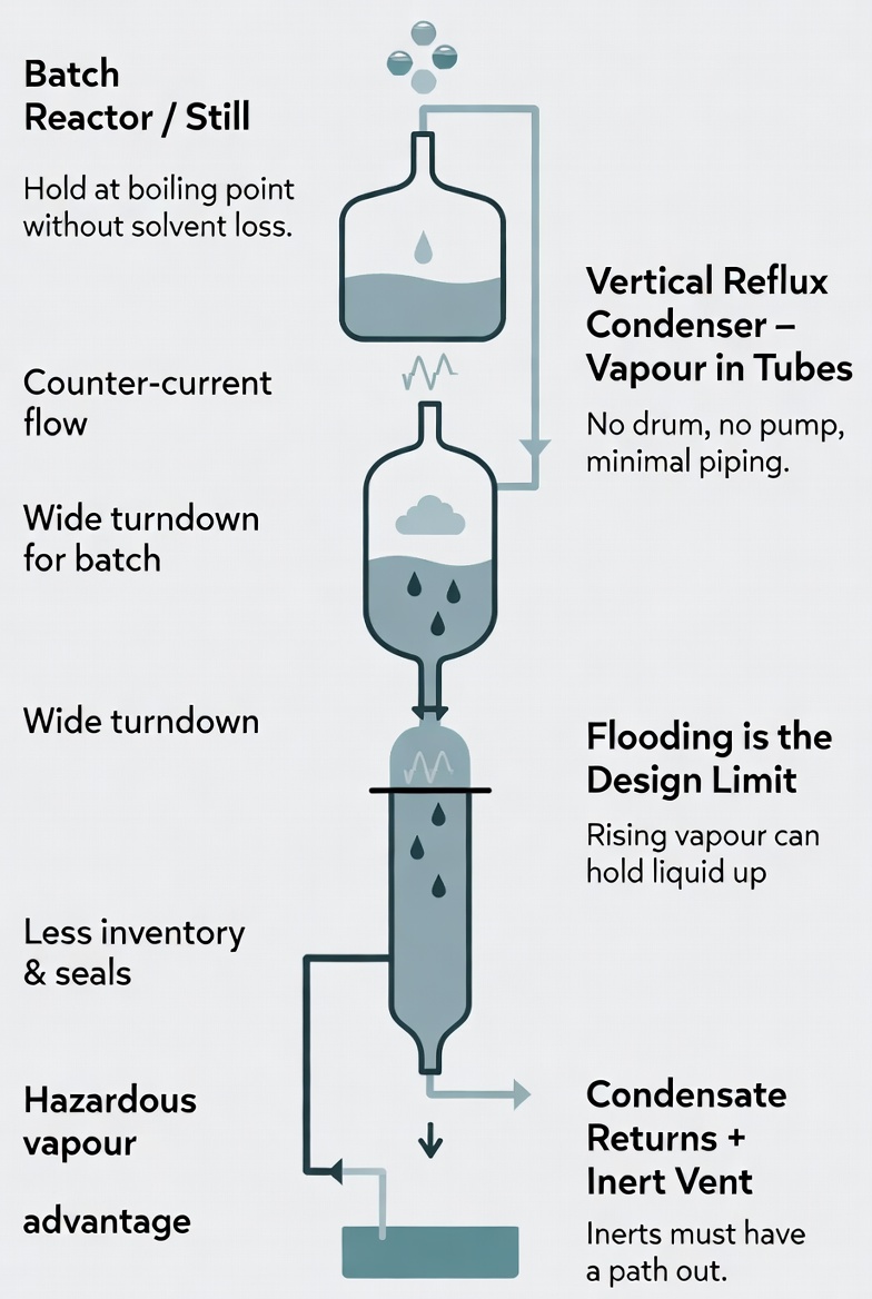 Vertical reflux condenser mounted above a jacketed batch reactor