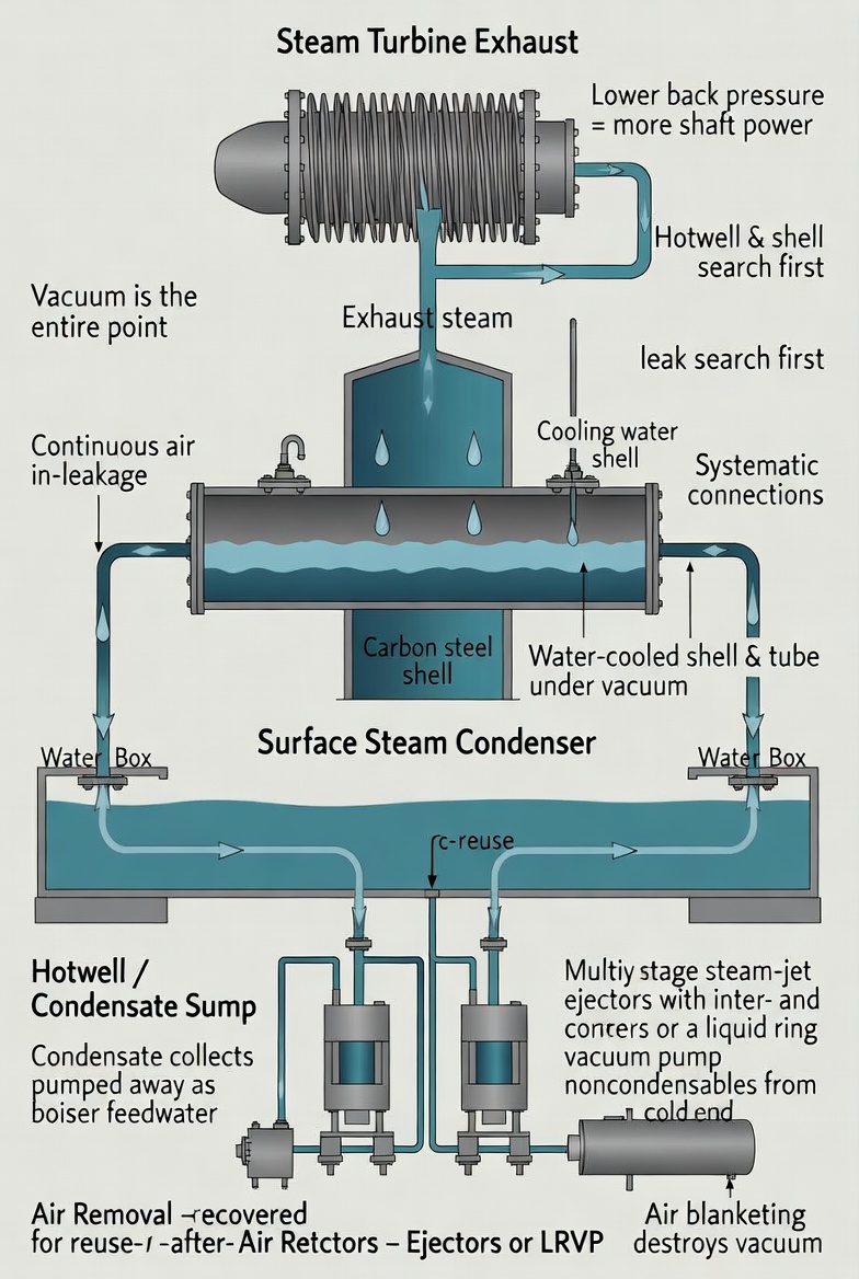 Water cooled surface steam condenser with water box mounted below a turbine exhaust
