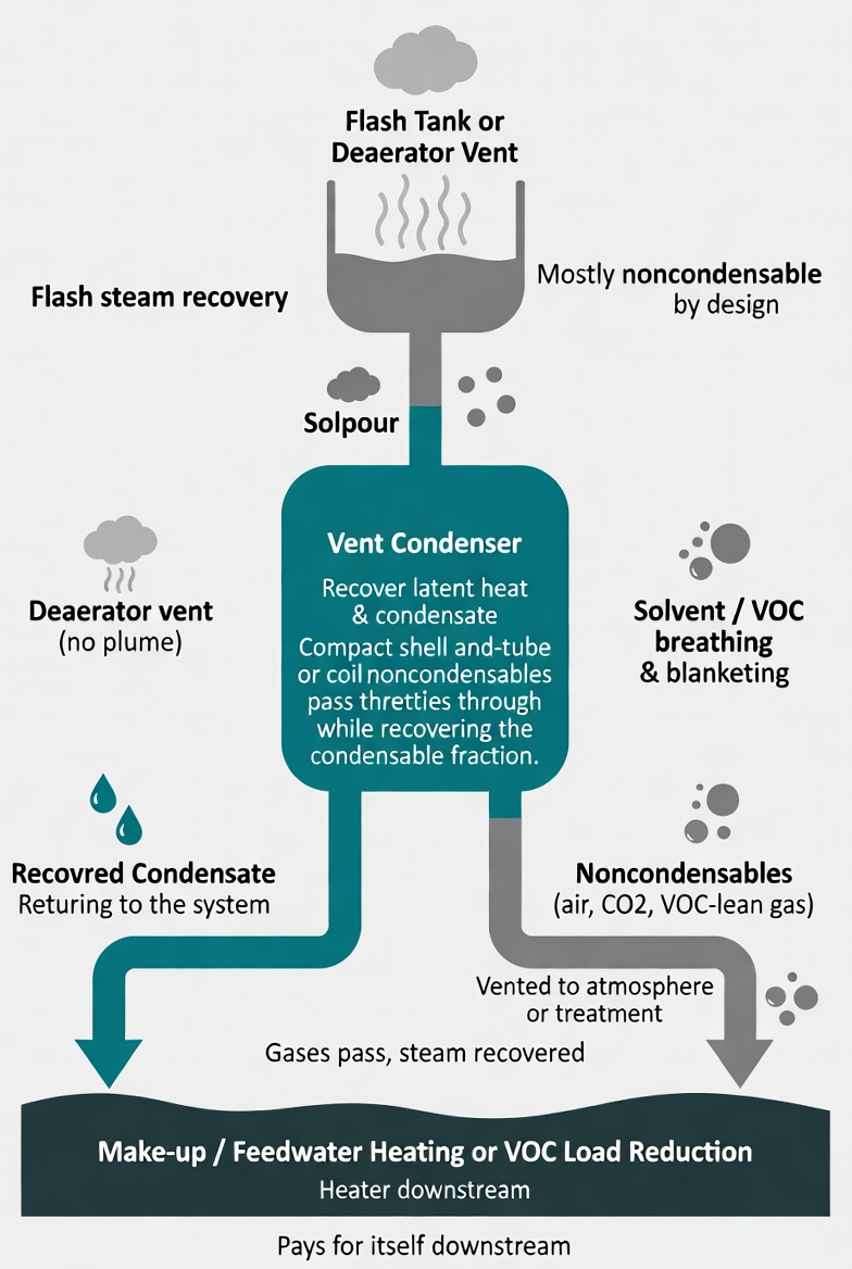 Vent condenser mounted on a condensate flash tank recovering flash steam
