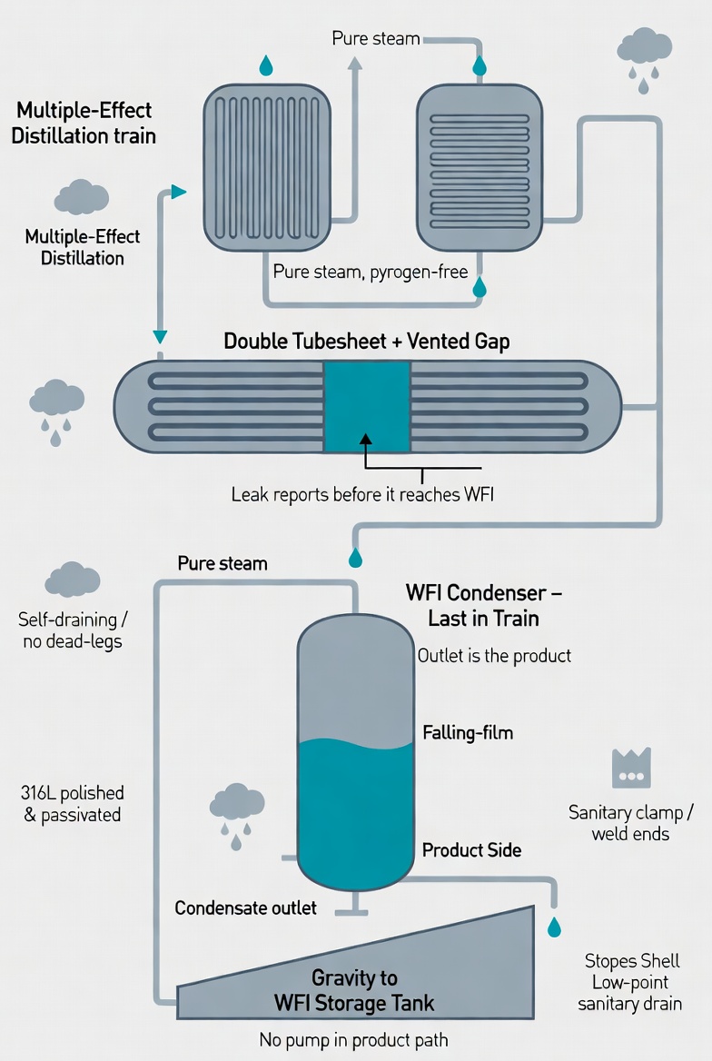 Double tubesheet WFI condenser mounted above a multiple effect distillation still